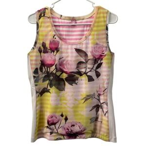 BASLER Womens Tank Top Rose Floral Print Pink Stripes Sleeveless Mesh Front Top